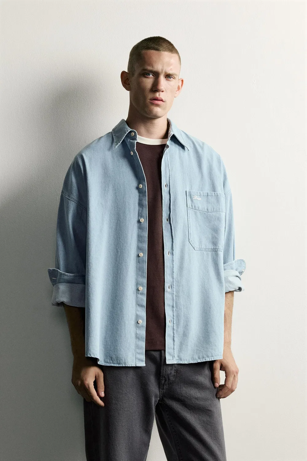 Джинсовая рубашка свободного кроя с вышивкой ZARA, Sky blue — фото 2