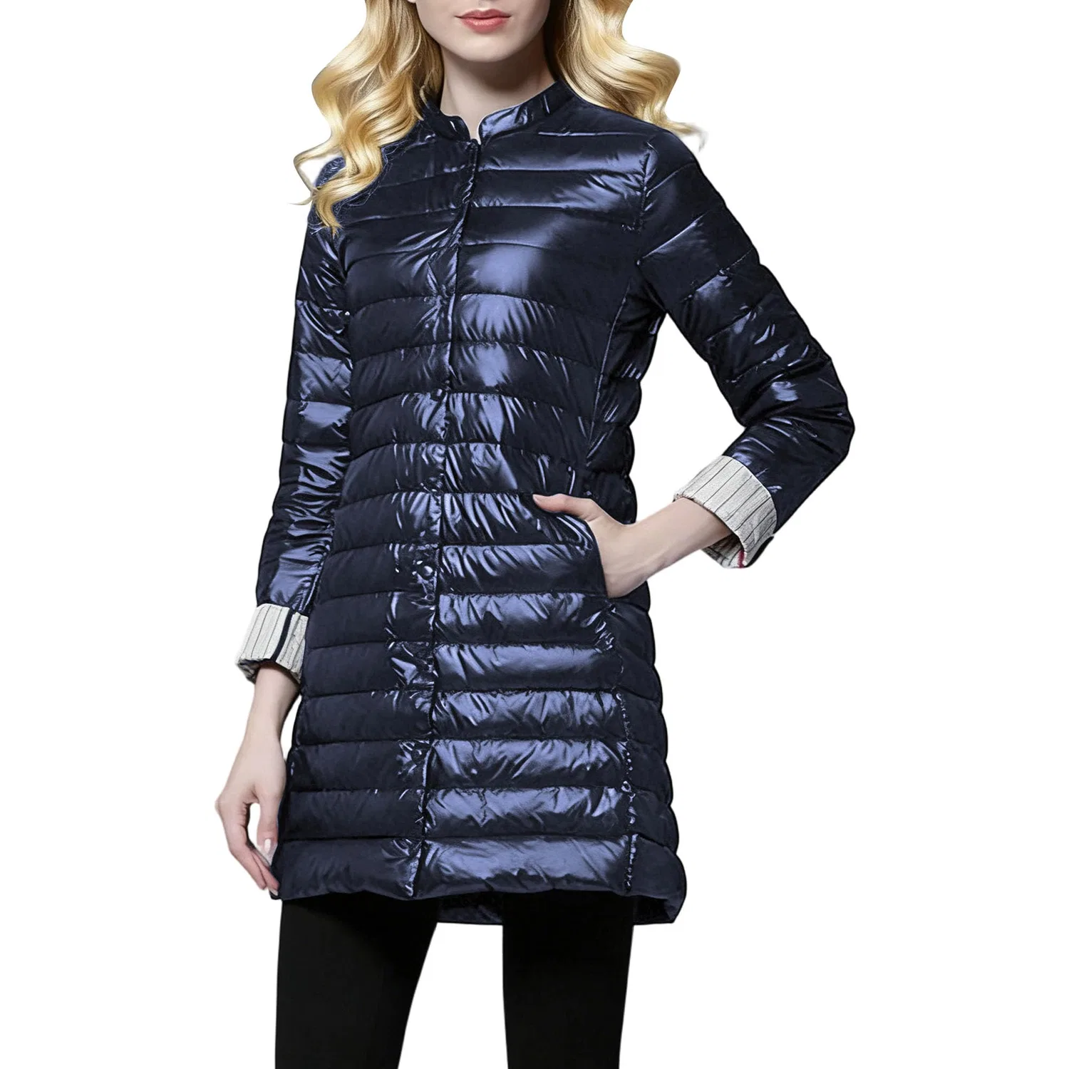 Женское легкое стеганое пальто с капюшоном, blu navy