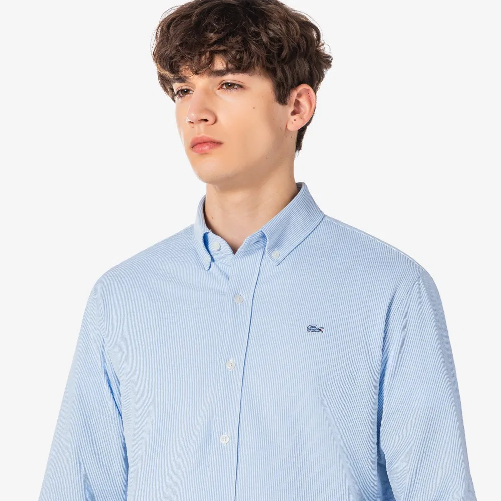 Мужская полосатая рубашка из джерси серо-голубая от Lacoste — фото 2