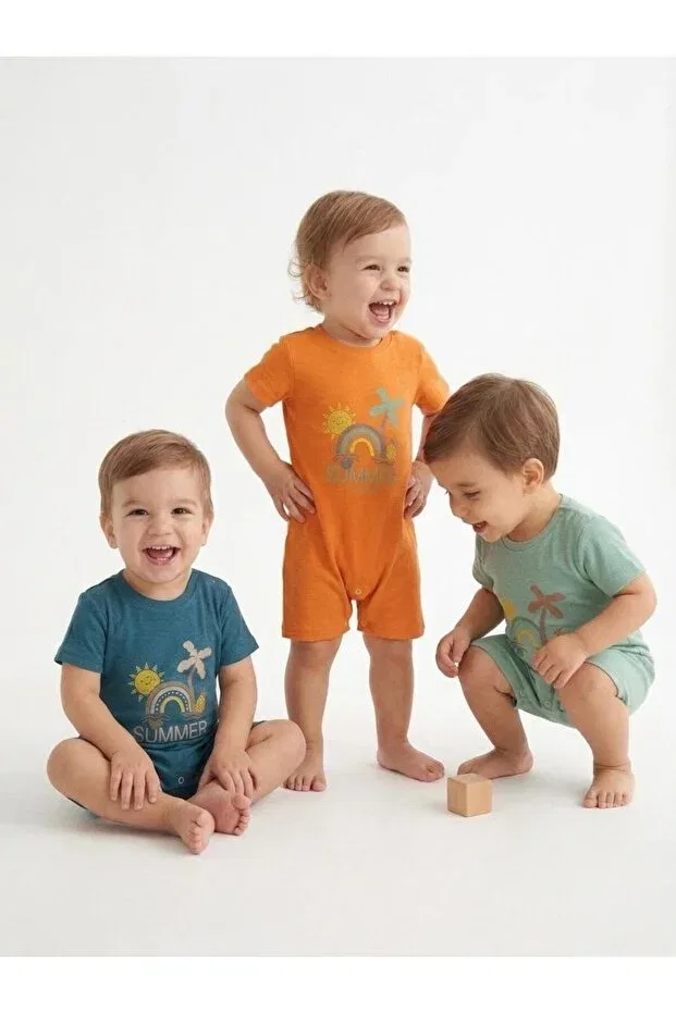 Детское боди-комбинезон с принтом Unisex baby camisole summer printed short sleeve romper 3-pack Babykugu, Turuncu-Çağla-Petrol Mavisi — фото 2