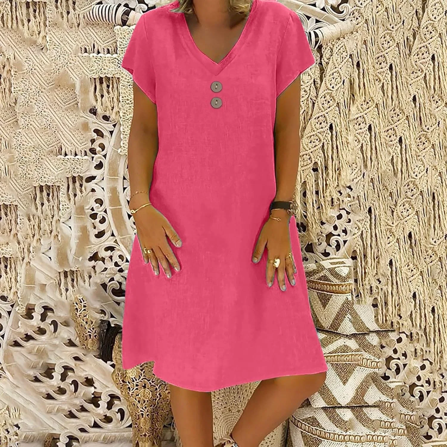 Женское миди-платье с V-образным вырезом Cotton Linen, Hot Pink — фото 4