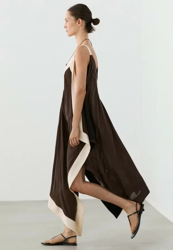 Платье макси из купро и вискозы Flowing midi dress with contrast trim detail, Massimo Dutti, темно-коричневый — фото 4