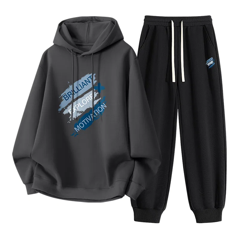 Детский спортивный костюм с принтом Drop Shoulder Hooded Pullover Long Sleeve Sweatshirt Straight Leg Cotton Skin-Friendly Ribbed Skin-Friendly Pants Tonlion, Heather Navy