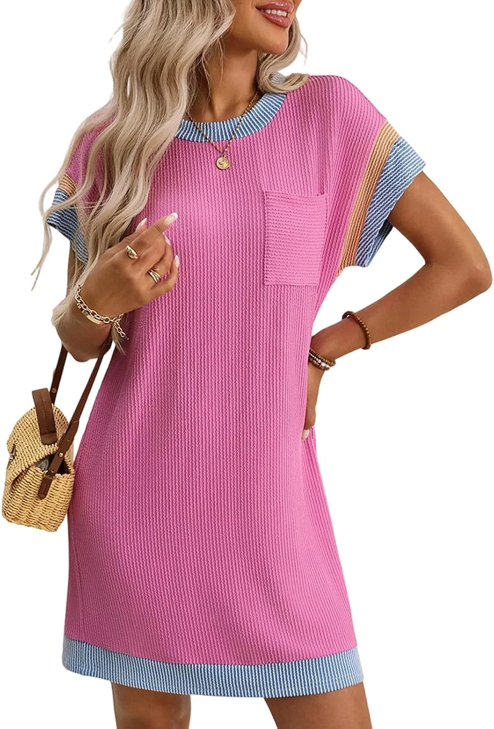 Женское платье-футболка с карманами Color Block, Hot Pink