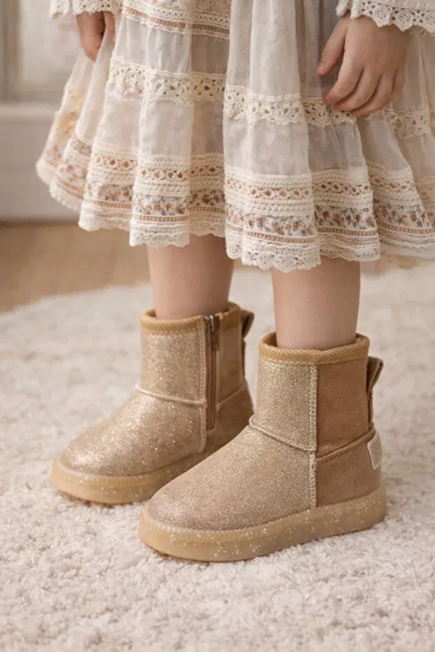 Детские ботинки для девочек с принтом Lighted Silvery Beige Girls' Boots With Fur Inside Harli, Brown