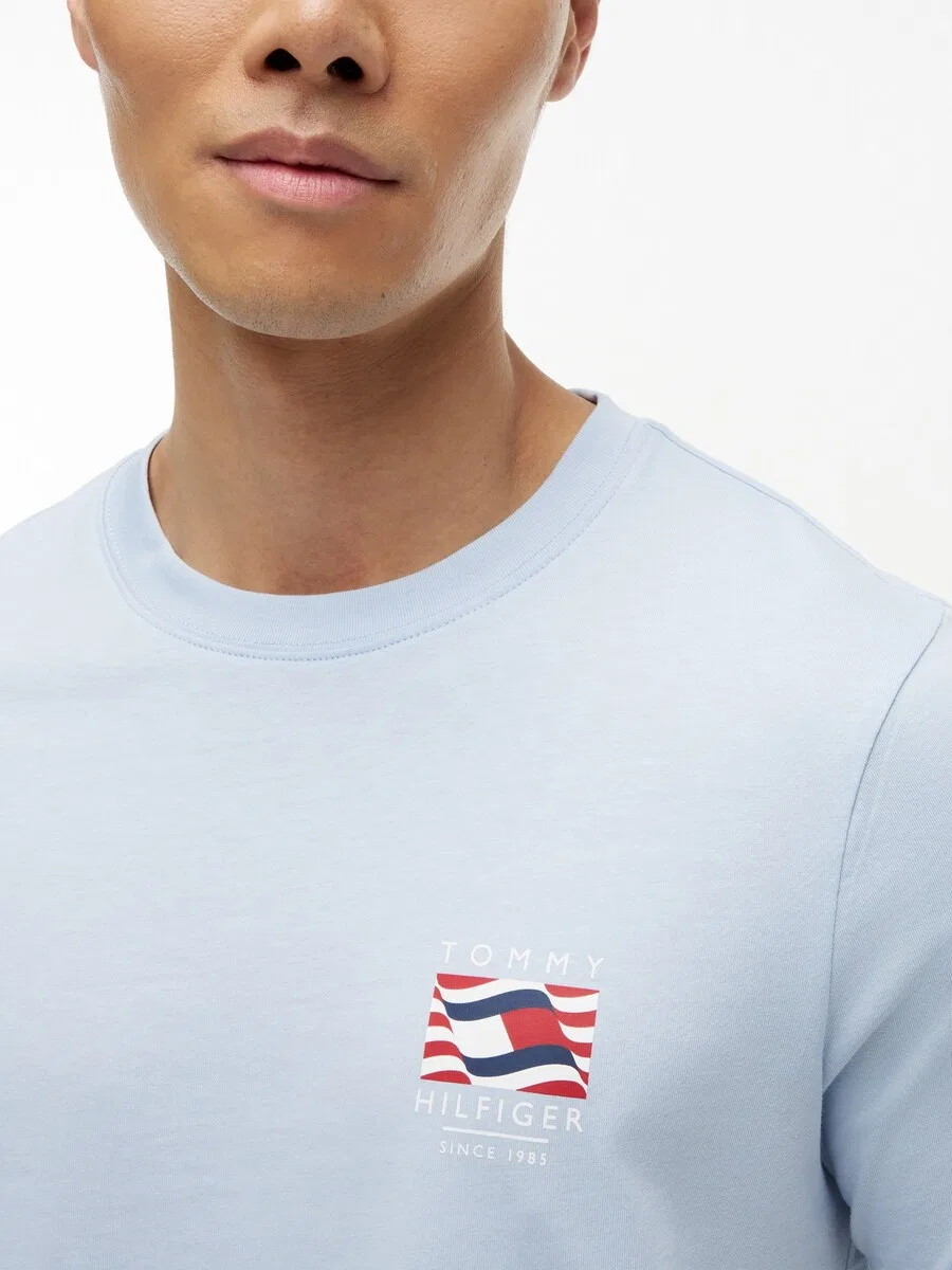 Футболка TOMMY HILFIGER «Волнистый флаг» пастельно-голубого и темно-синего цвета — фото 2