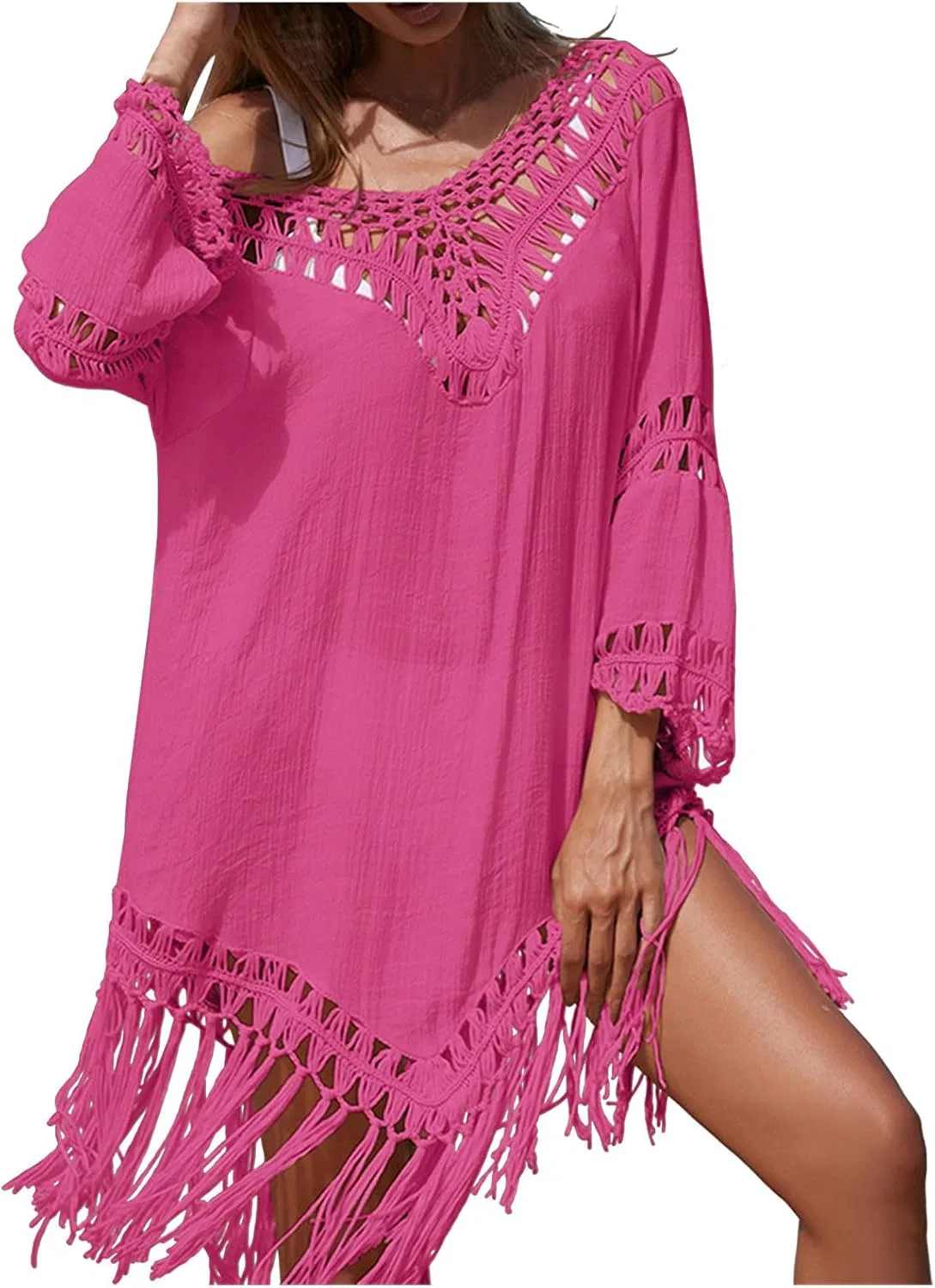 Женский пляжный халат с бахромой Hot Pink