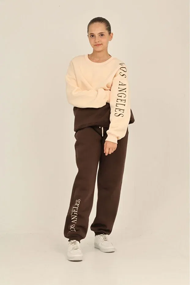 Детский спортивный костюм для девочек с принтом Los Angeles Printed Tracksuit Set Toontoy, Brown — фото 4