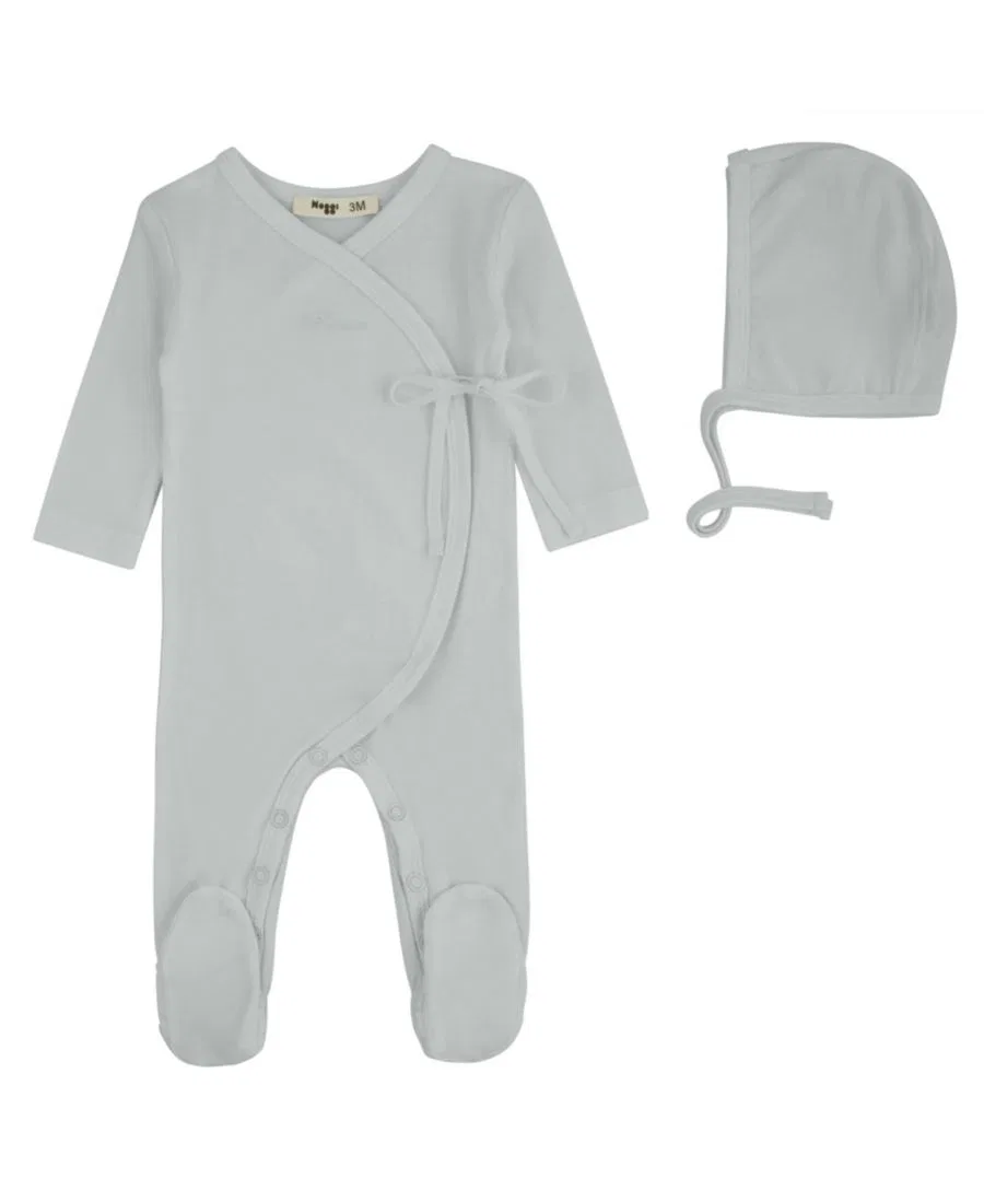 Детский комплект из боди с запахом и чепчика Lil Love Embroidered Wrap Footie And Bonnet NoggiWear, Light Blue