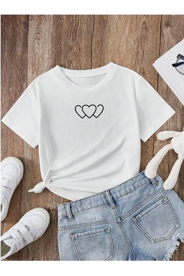 Детская футболка для девочек с принтом Children'S trend model minimal heart printed cotton white tshirt Pelna, Minimalkalp