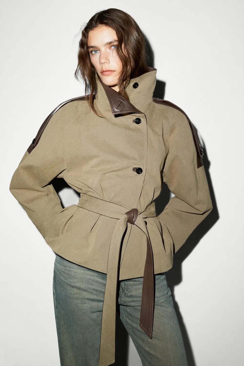 Куртка из комбинированной кожи Massimo Dutti, укороченная куртка, серовато-зеленый — фото 3