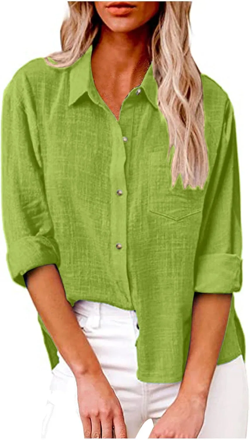 Женская свободная рубашка из льна и хлопка с V-образным вырезом BUERCWS, Mint Green