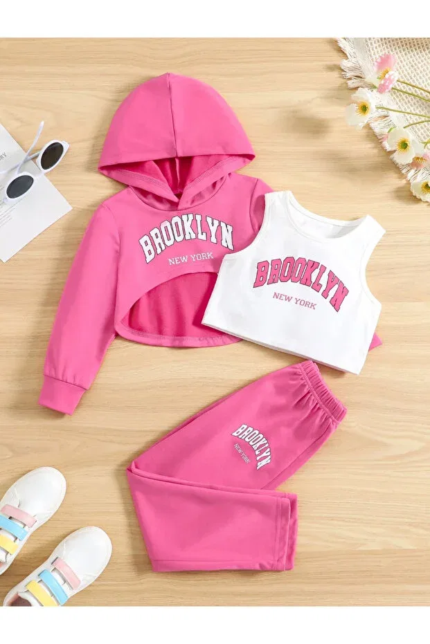 Детский спортивный комплект для девочек с принтом Brooklyn White Strappy Crop Novibe, Dark Pink