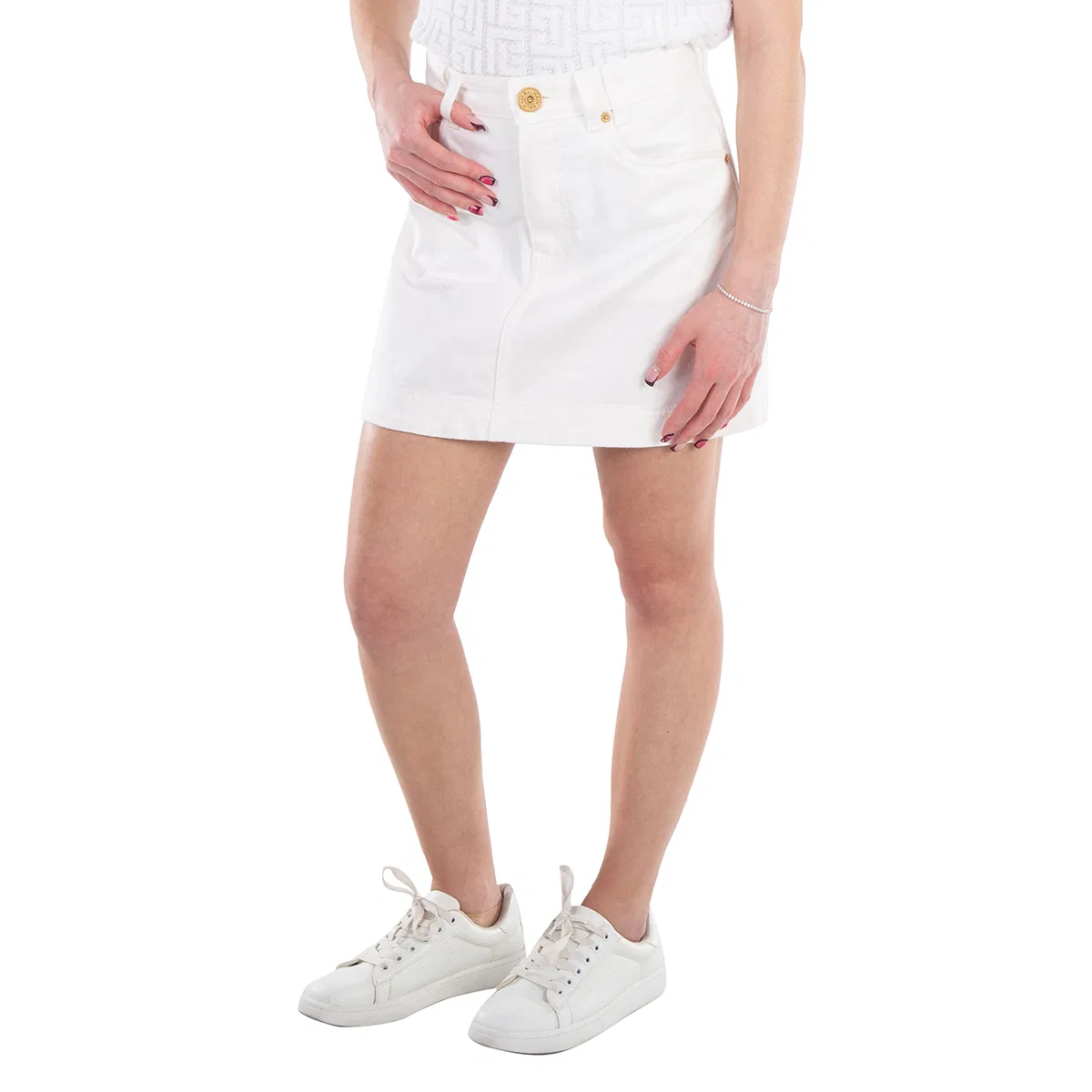 Юбка джинсовая мини-трапеция Trapeze Western Denim Mini Skirt Balmain, White — фото 2