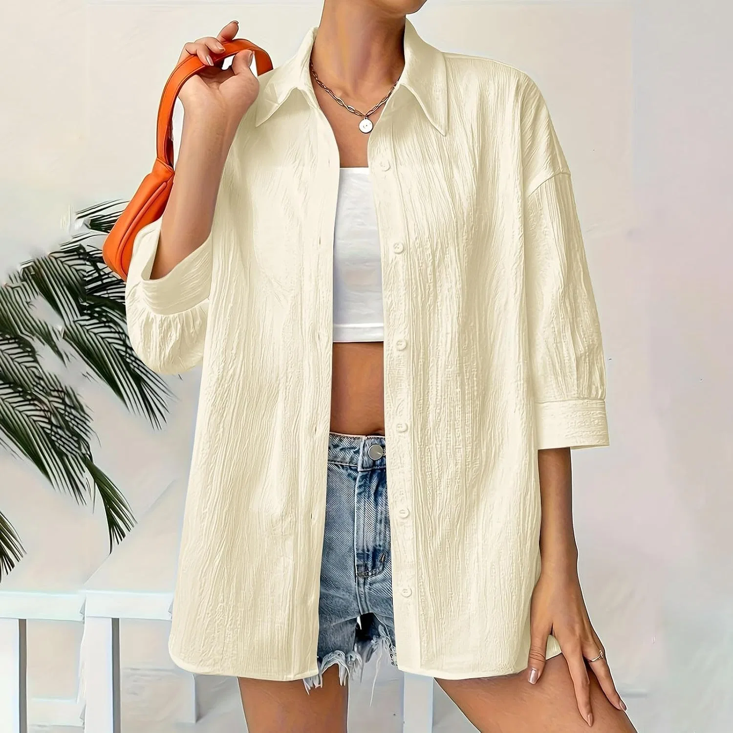 Женская летняя рубашка с коротким рукавом свободного кроя Beach Vacation Cover Ups, Beige-02 — фото 2