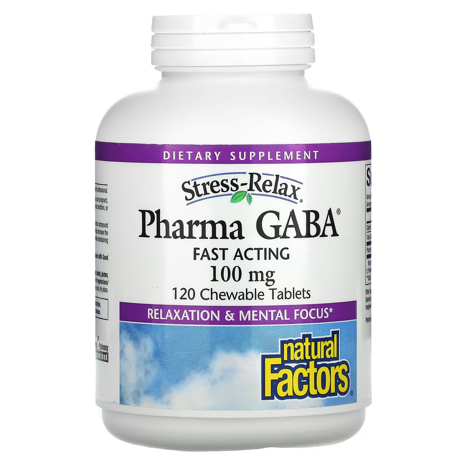 

Natural Factors, Stress-Relax, Pharma GABA, 100 мг, 120 жевательных таблеток