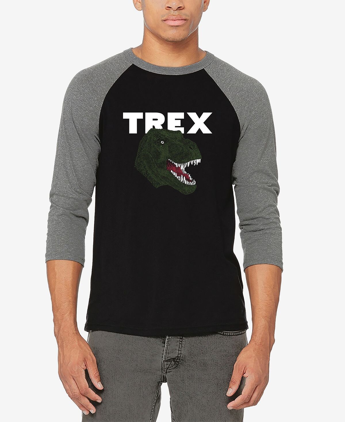 

Мужская футболка с бейсбольным регланом word art t-rex head LA Pop Art, мульти