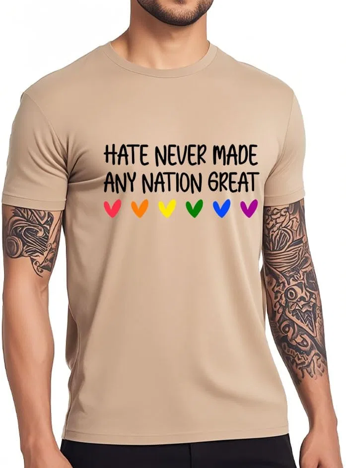 Unisex футболка с принтом Hate Never Made Any Nation Great Regular Fit, Pink — фото 2