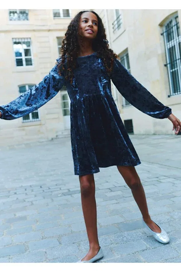 Детское платье для девочек из велюра Ruffle Velvet Dress Mango Kids, Blue — фото 3