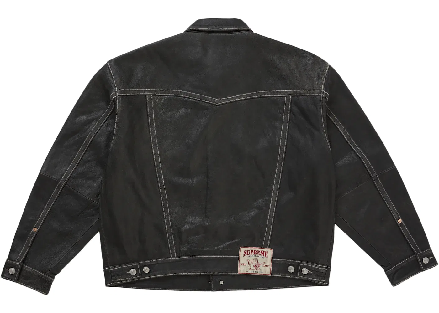 Мужская кожаная куртка-тракер с принтом Supreme True Religion, Black — фото 3