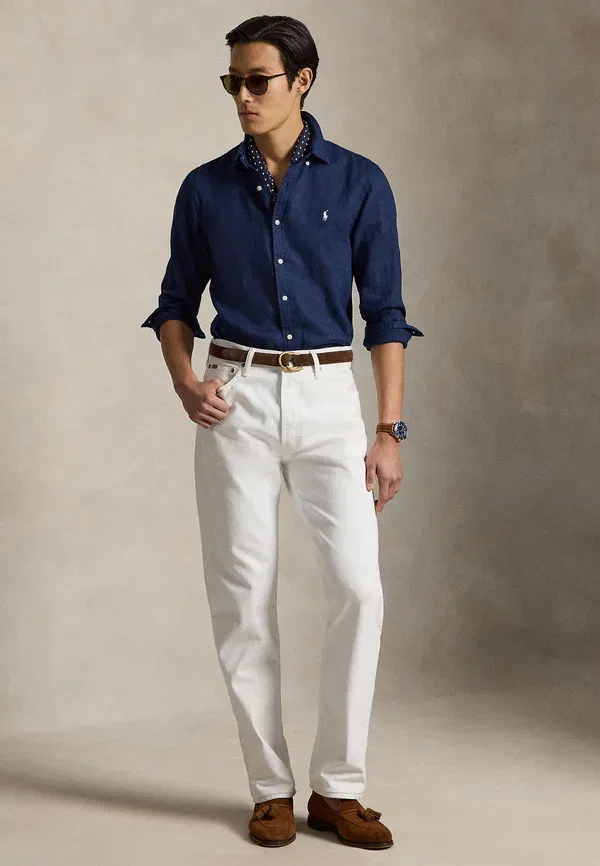 Рубашка с длинным рукавом из льна Polo Ralph Lauren, белый/темно-синий — фото 2