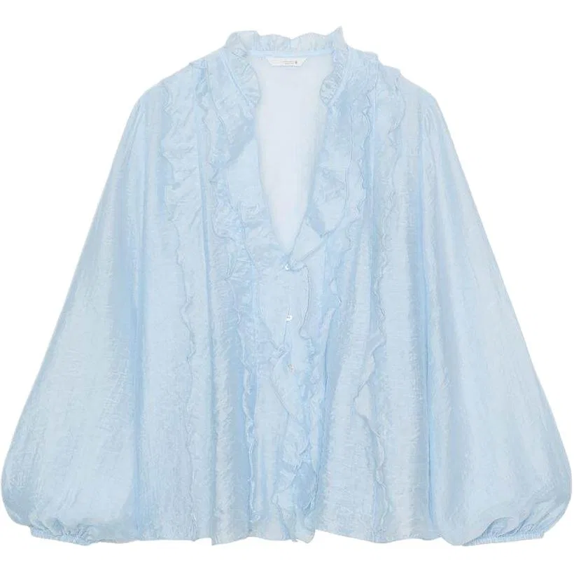 Женская рубашка с V-образным вырезом, с длинным рукавом, Sky Blue, ZARA