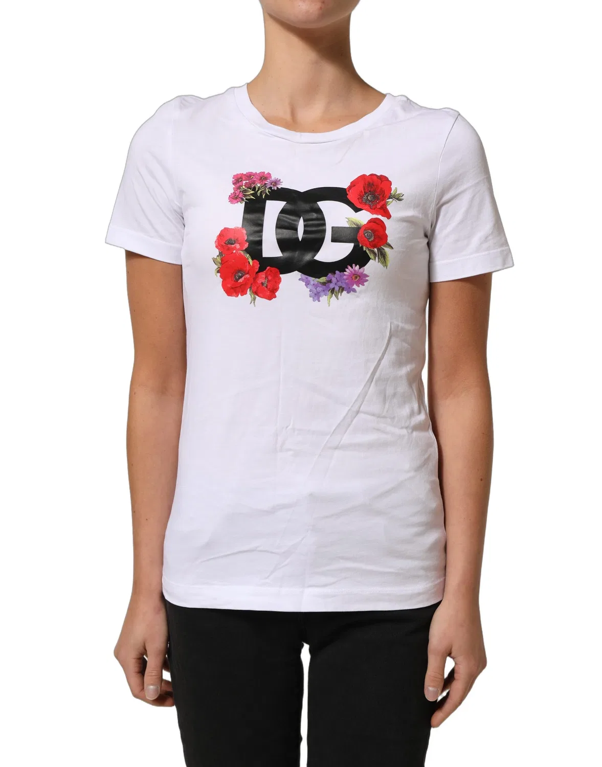 Женская футболка с цветочной вышивкой и логотипом White Floral Logo Cotton Round Neck Dolce & Gabbana, White — фото 4