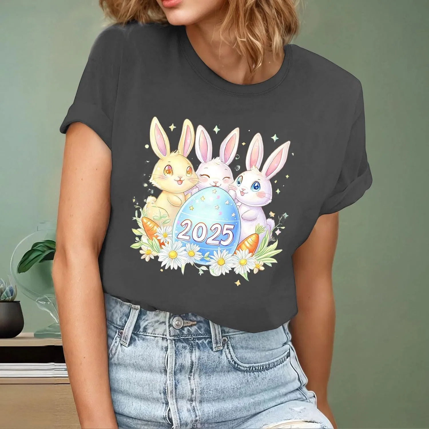 Женская свободная футболка с кроликом Easter, Dark Gray-2 — фото 2