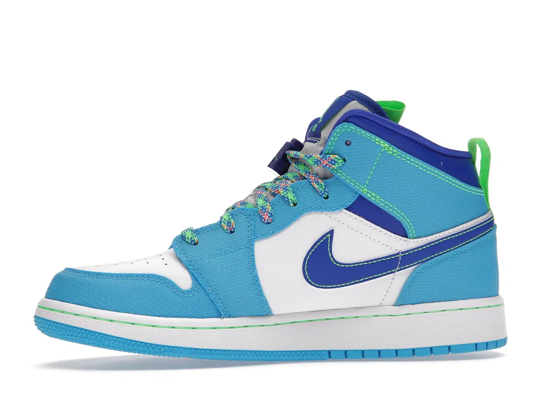 Детские кроссовки для мальчиков с высоким берцем Jordan 1 Mid SE Jordan, Dark Powder Blue/Racer Blue/Green Strike — фото 3