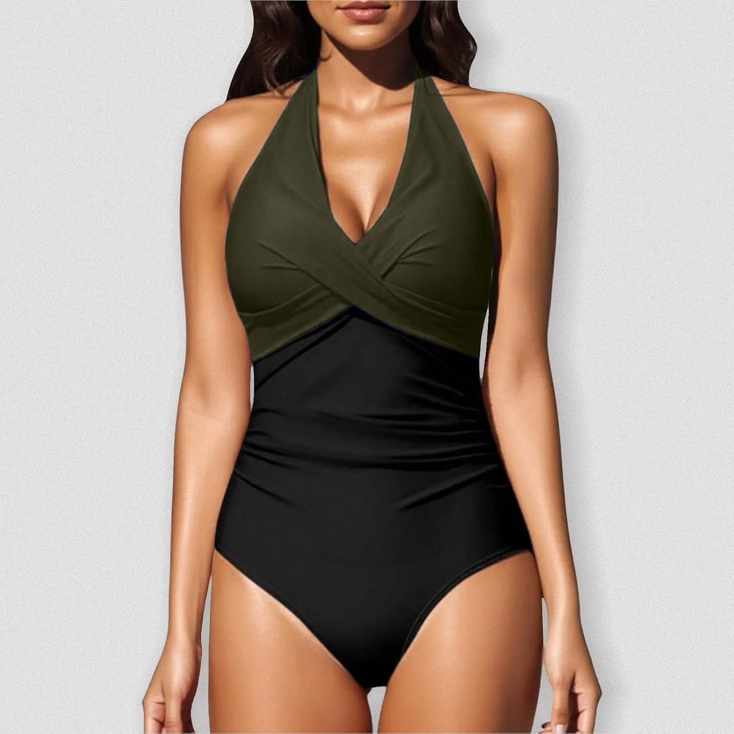 Женский цельнокроеный купальник с защипом и утяжкой живота, Army Green — фото 2