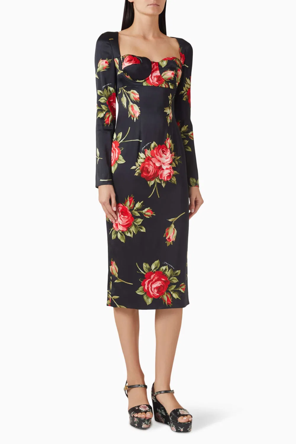 Платье с принтом роз с длинным рукавом Dolce & Gabbana