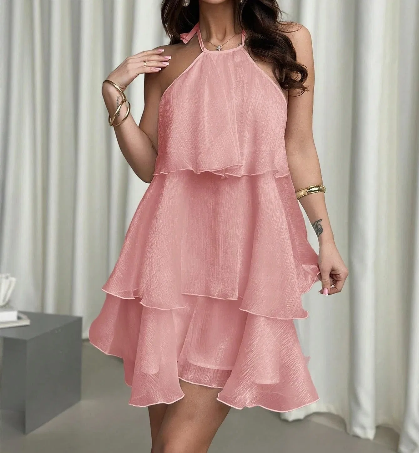 Женское мини-платье А-силуэта с открытой спиной, Pink — фото 3