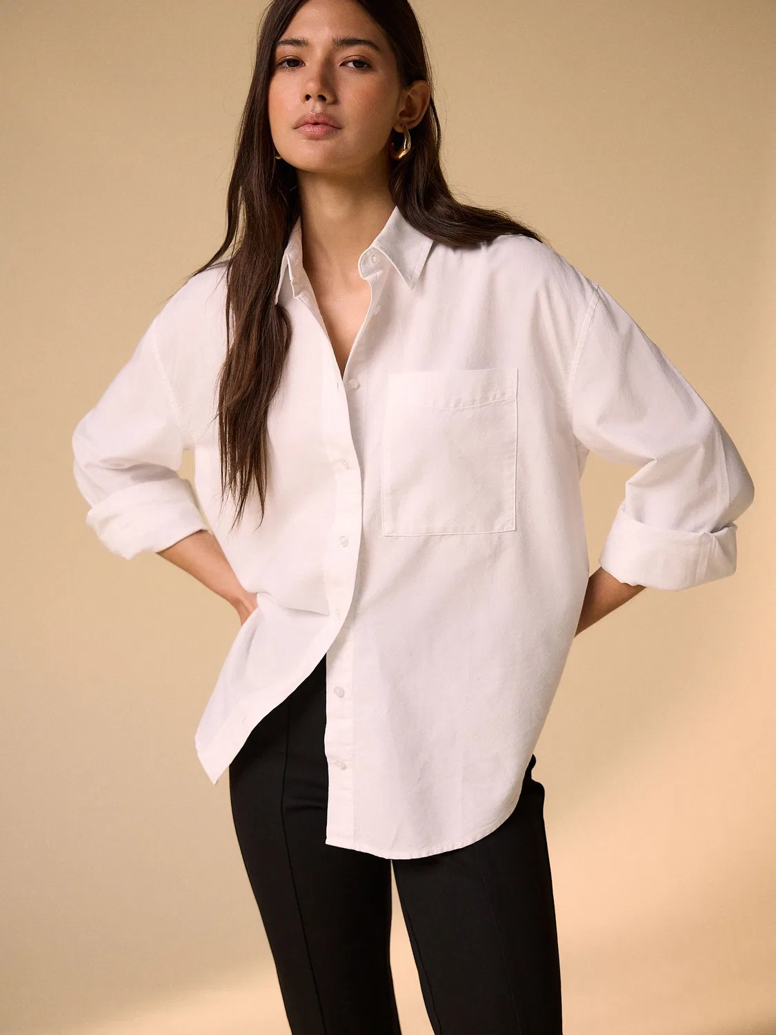 Рубашка свободного кроя, хлопок, White Relaxed Cotton Long Sleeve Shirt Next, белый