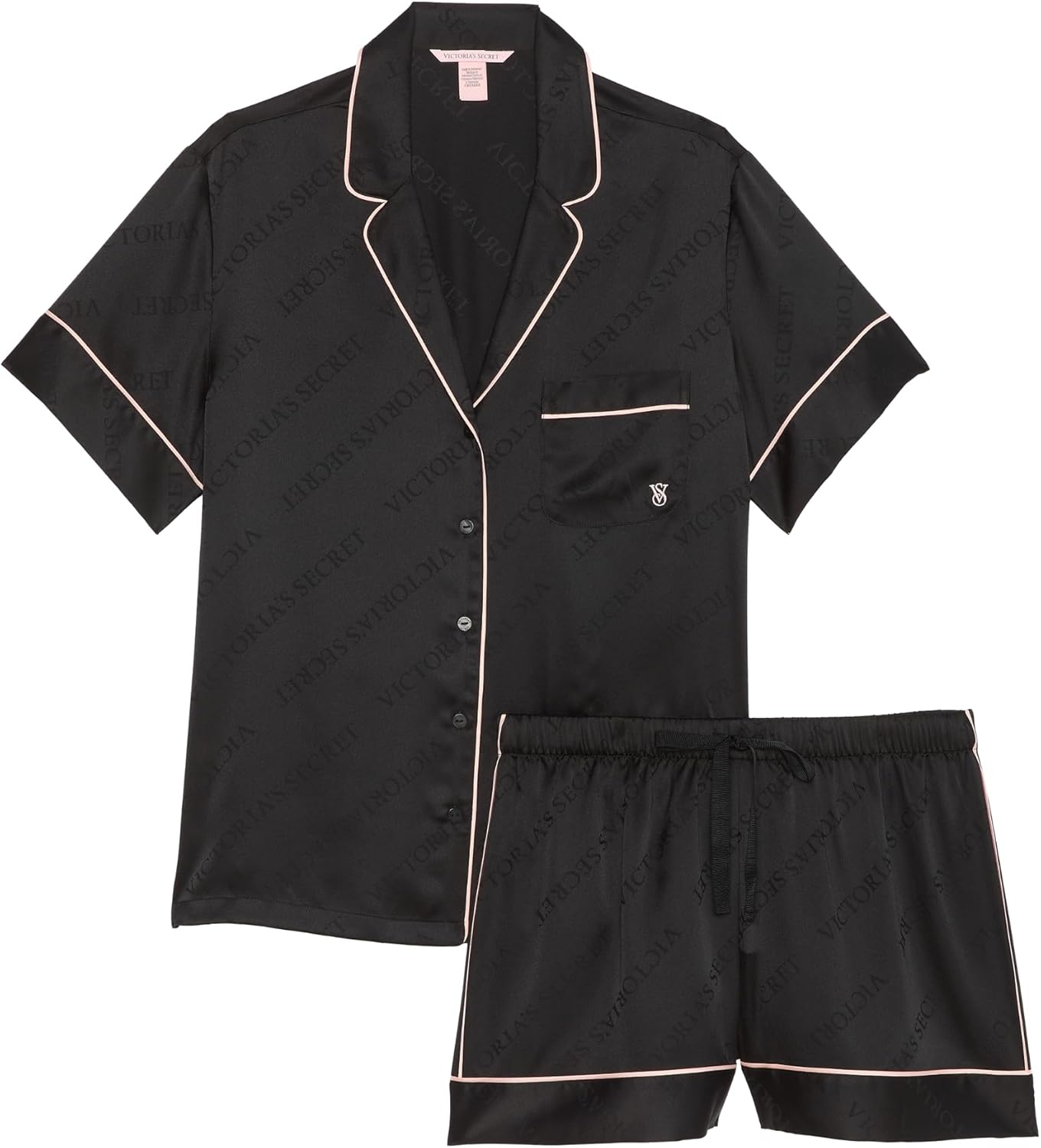 Комплект пижамы Victoria's Satin, рубашка с короткими рукавами на пуговицах и шорты, одежда для сна для женщин (XS-XXL) Victoria's Secret, Black Logo (New Look) — фото 3
