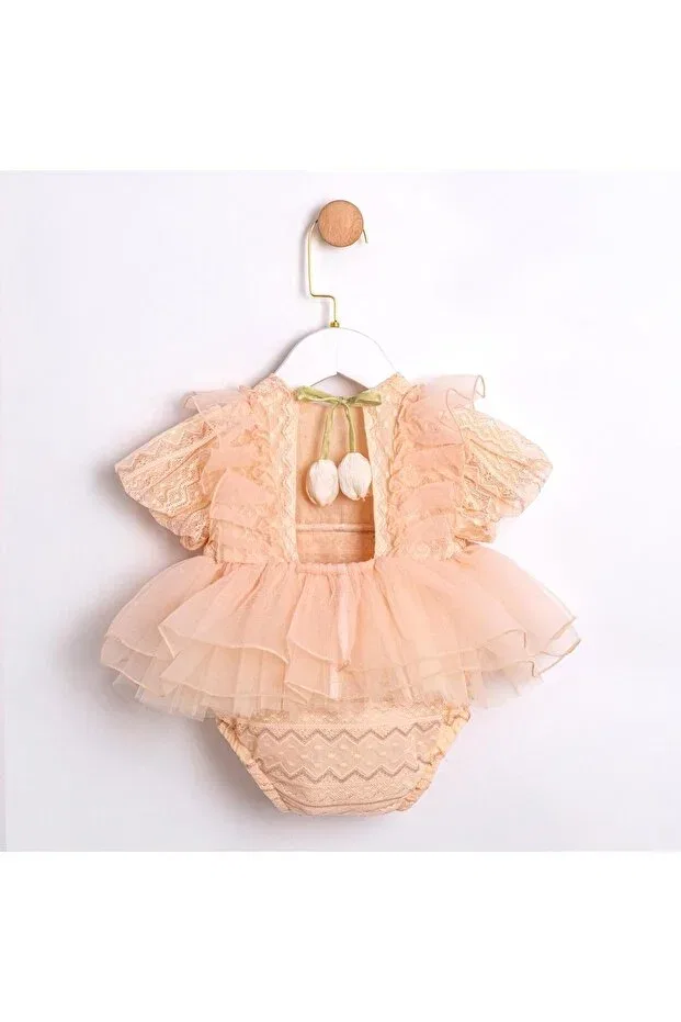 Детский комбинезон для девочек кружевной Tulip back detailed baby girl romper Ministok, Salmon — фото 3