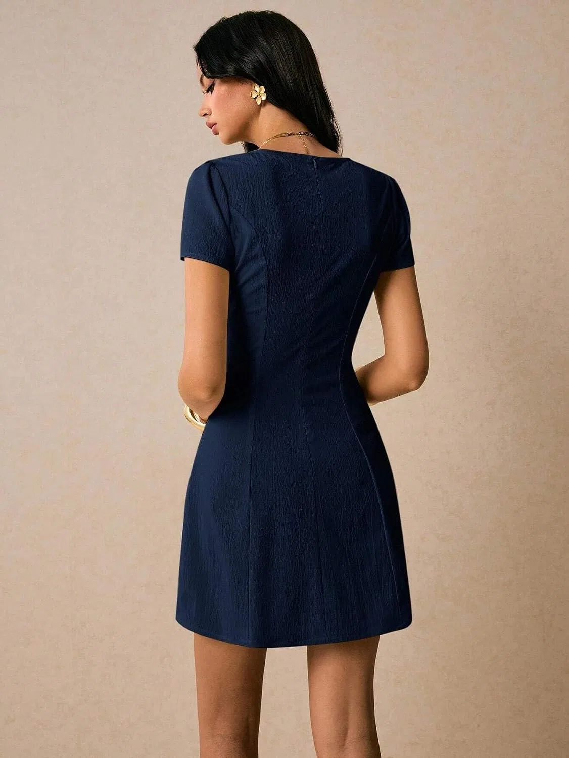 Женское повседневное платье-трапеция с V-образным вырезом, Navy Blue — фото 3