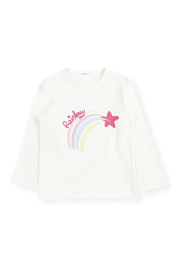 Детская футболка для девочек хлопковая с длинным рукавом Rainbow Printed Bubuga, Ecru