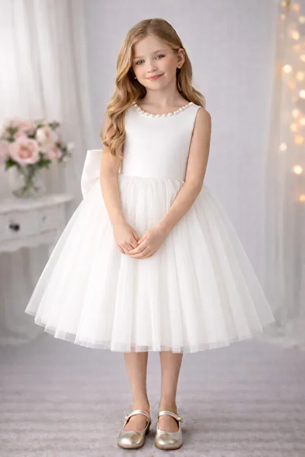 Детское платье для девочек с принтом Violet Model Collar Pearl Suneh, White — фото 2
