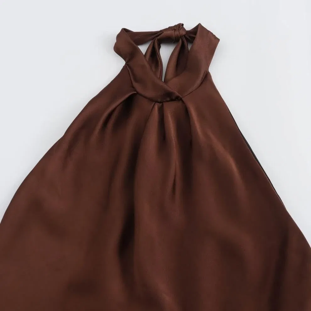 Женское элегантное платье-халтер с запахом, Dark Brown — фото 3