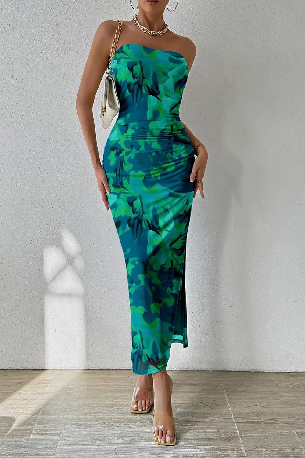 Женское летнее макси-платье bodycon с цветочным принтом, Green Big Floral — фото 4