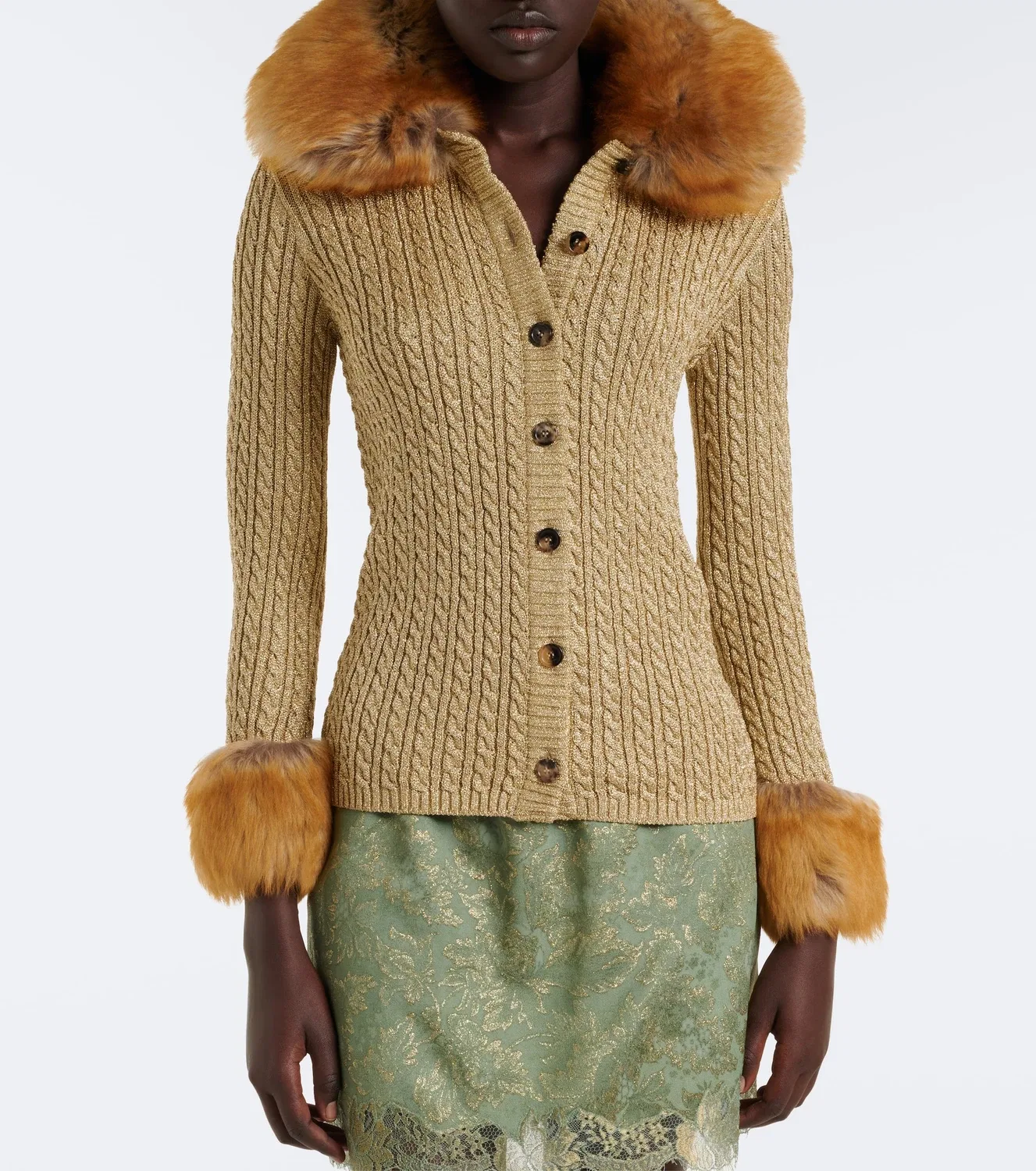 Кардиган вязаный с отделкой из овчины Saint Laurent, золотой — фото 2
