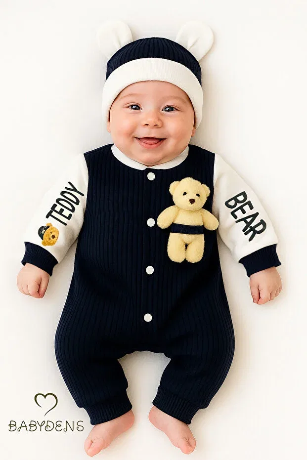 Детский комбинезон для мальчиков с принтом Teddy Bear Themed Newborn Ribbed Jumpsuit Set Babyden'S, Navy Blue