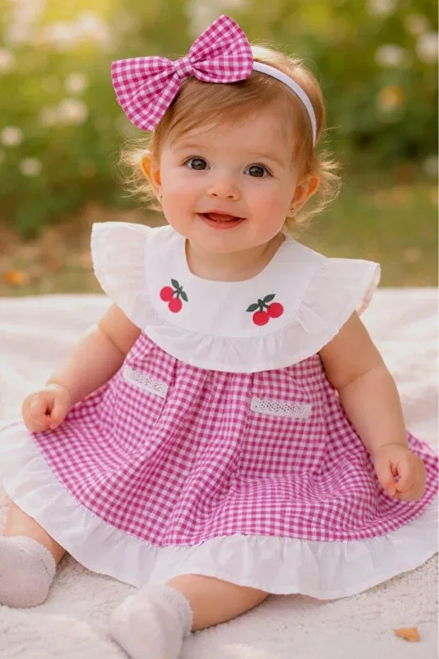 Детское платье для девочек хлопковое Cherry Embroidered Pink Gingham - Plaid Baby Dress Bilge Trend, Fuchsia