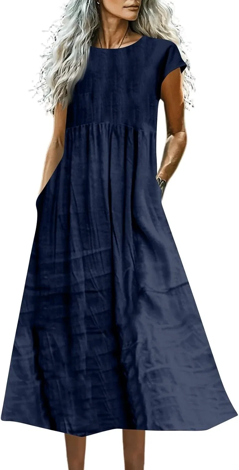 Женское летнее платье миди свободного кроя A-line, A05-dark Blue