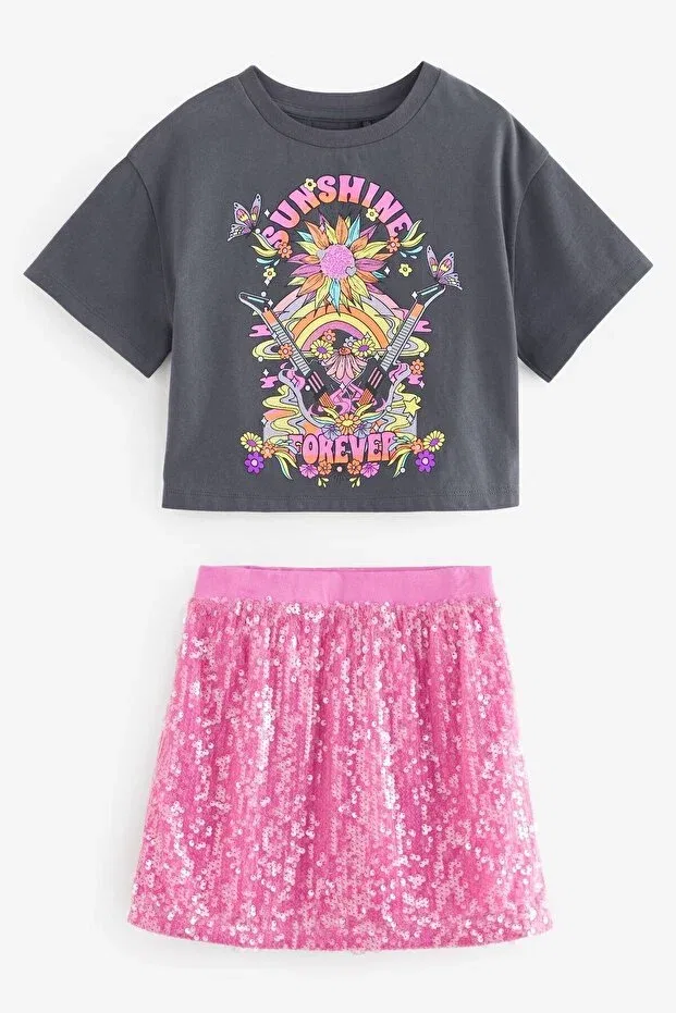 Детский комплект из футболки с принтом и юбки с пайетками Next Baby, Pink Gray Floral Printed — фото 4