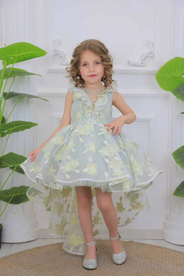 Детское платье для девочек с принтом Short Front and Back Long Flower Patterned Stone Detailed Miss Rain, Green — фото 4
