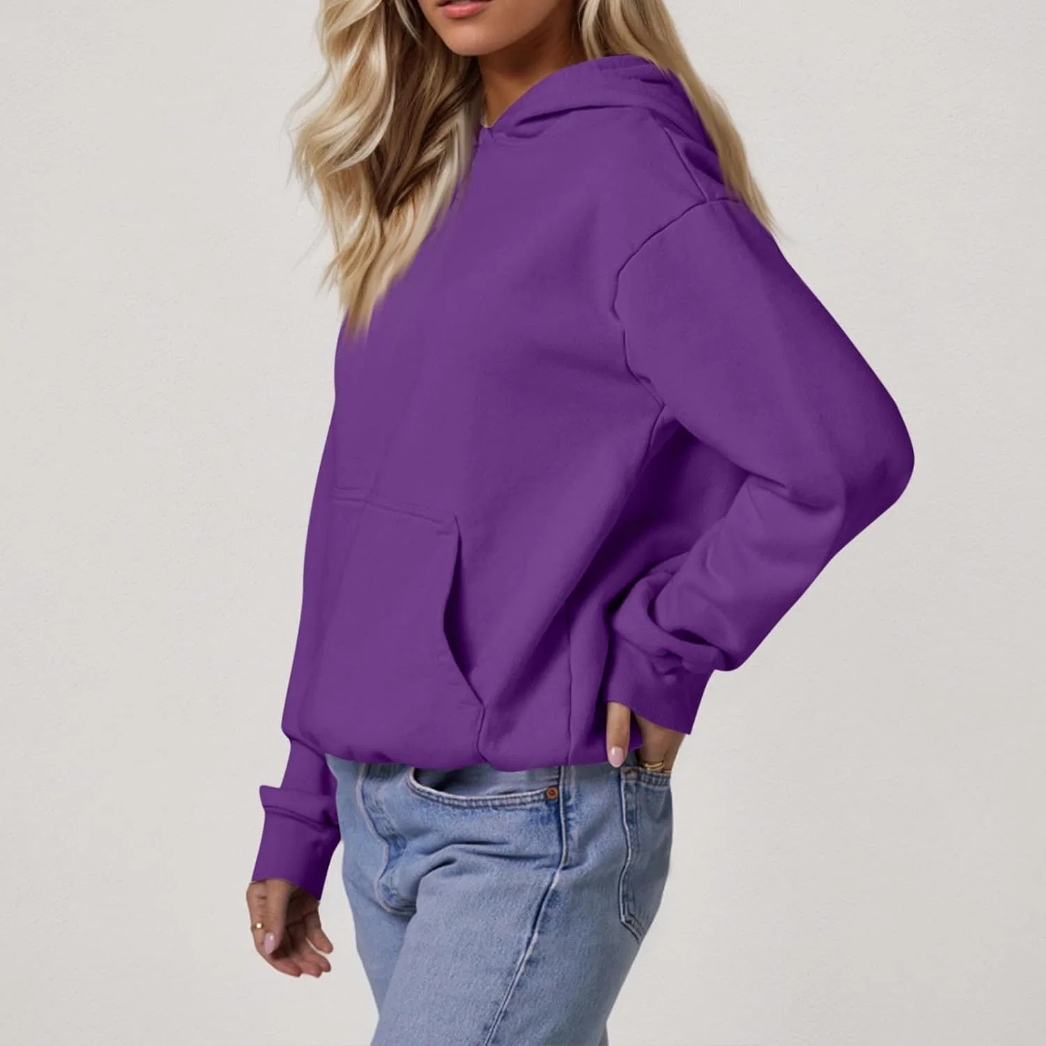 Женский свитшот с капюшоном, однотонный, с карманом, Women's Hoodies, длинным рукавом, 2-Purple — фото 3