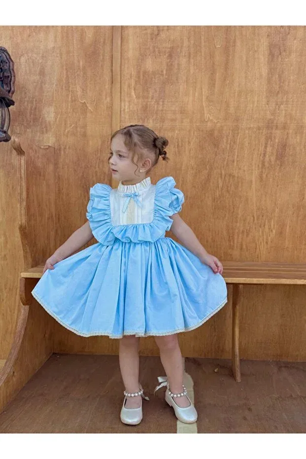 Детское платье для девочек с принтом Defne blue bow vintage baby girl dress Hly Karol Tasarım, Blue — фото 4