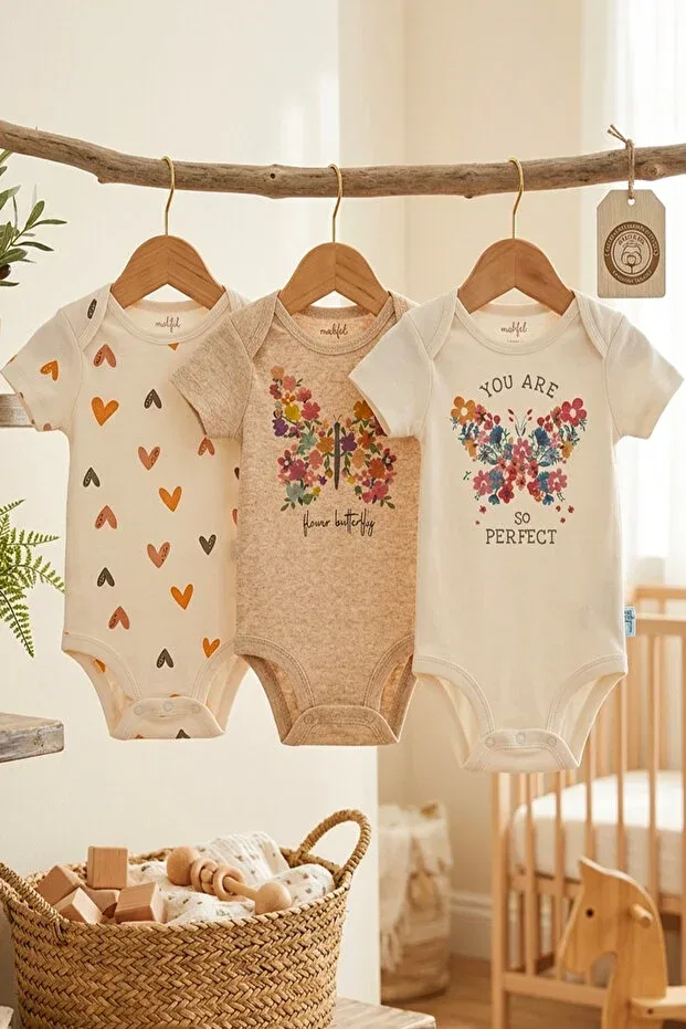 Детское боди для новорожденных с длинным рукавом Kelebek Mahfel, Ecru-Heart Patterned