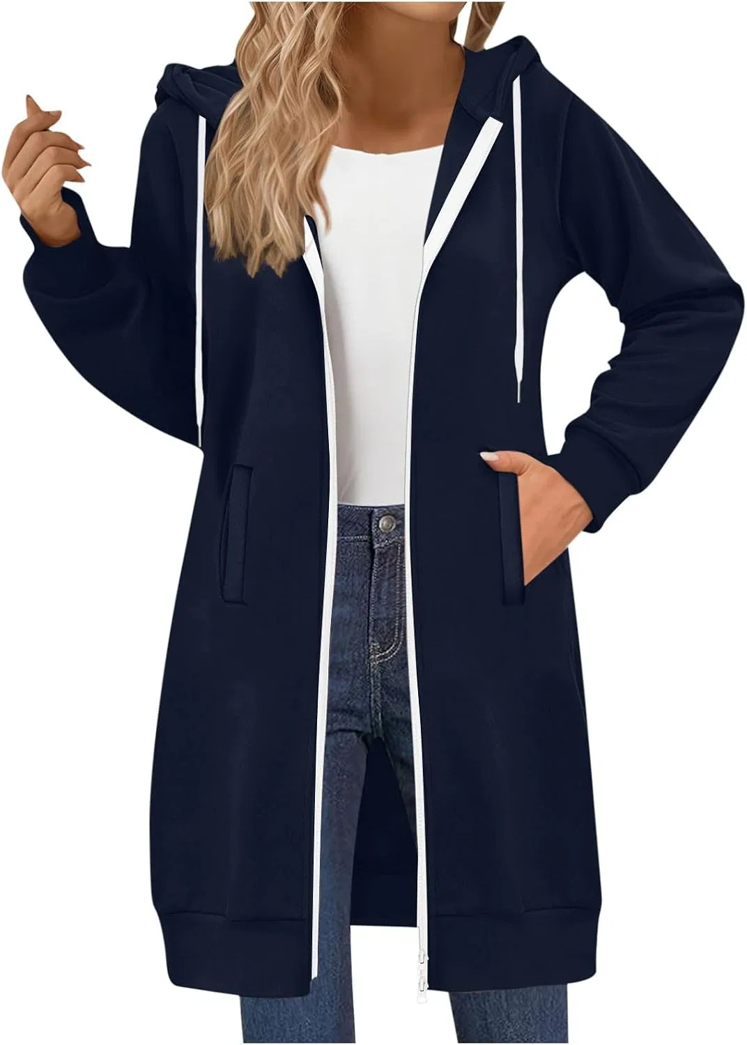 Женское худи на молнии с флисом, модель Zip Up Fleece Jacket, тёмно-синий — фото 2